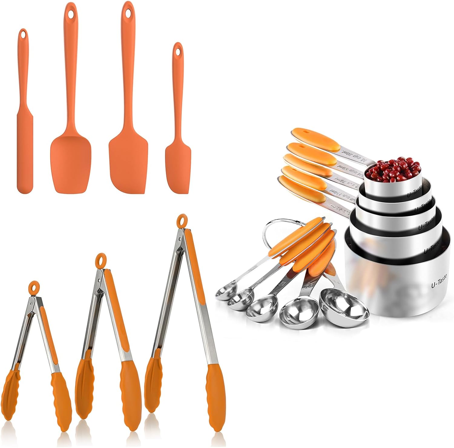 U-Taste 600ºF High Resistant BPA Free Flexible Silicone Spatula Set of 4 and 18/8 Stainless Steel Measuring Cups and Spoons Set and Non Stick BPA Free Kitchen Tongs (Purple)