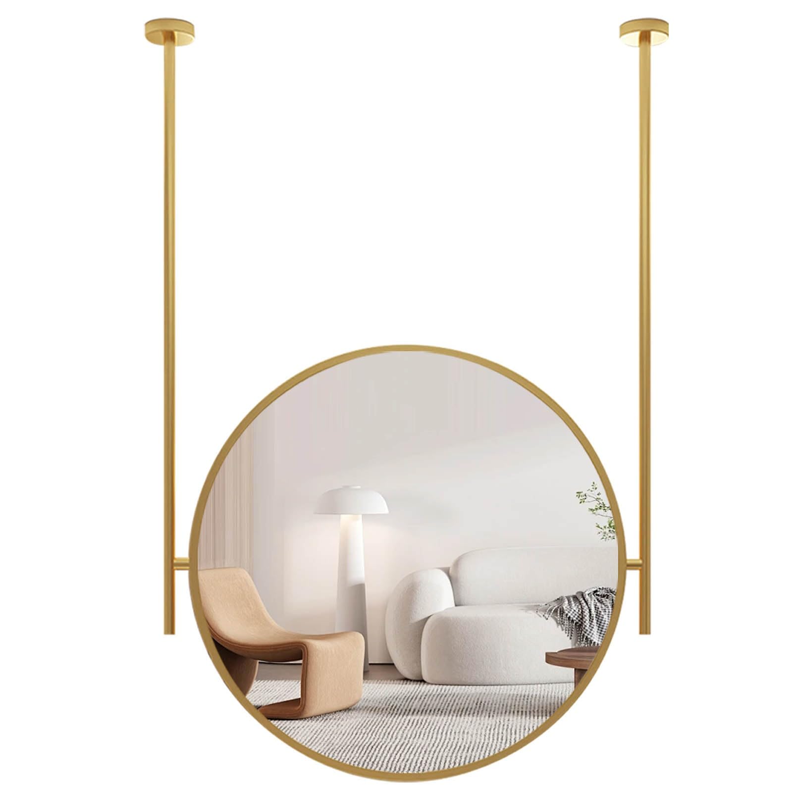SXFSDOU Gold Bathroom Mirror with Metal Frame and Ceiling Rods, Bedroom Entry Vanity Makeup Mirrors, Mounted Hanging Mirror(Diameter-60CM/23.6INCH)