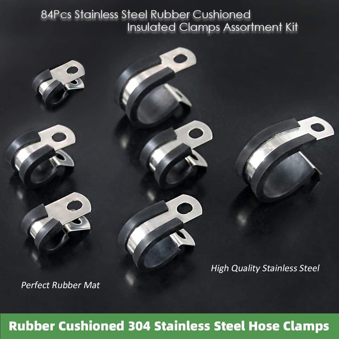 Keadic 84Pcs 304 Stainless Steel Wire Cable Clamps Assortment Kit with Box, 7 Sizes 1/4" 5/16" 3/8" 1/2" 5/8" 3/4” 1'' Rubber Cushioned Insulated Metal P Clamp Hose Fuel Line Clamps