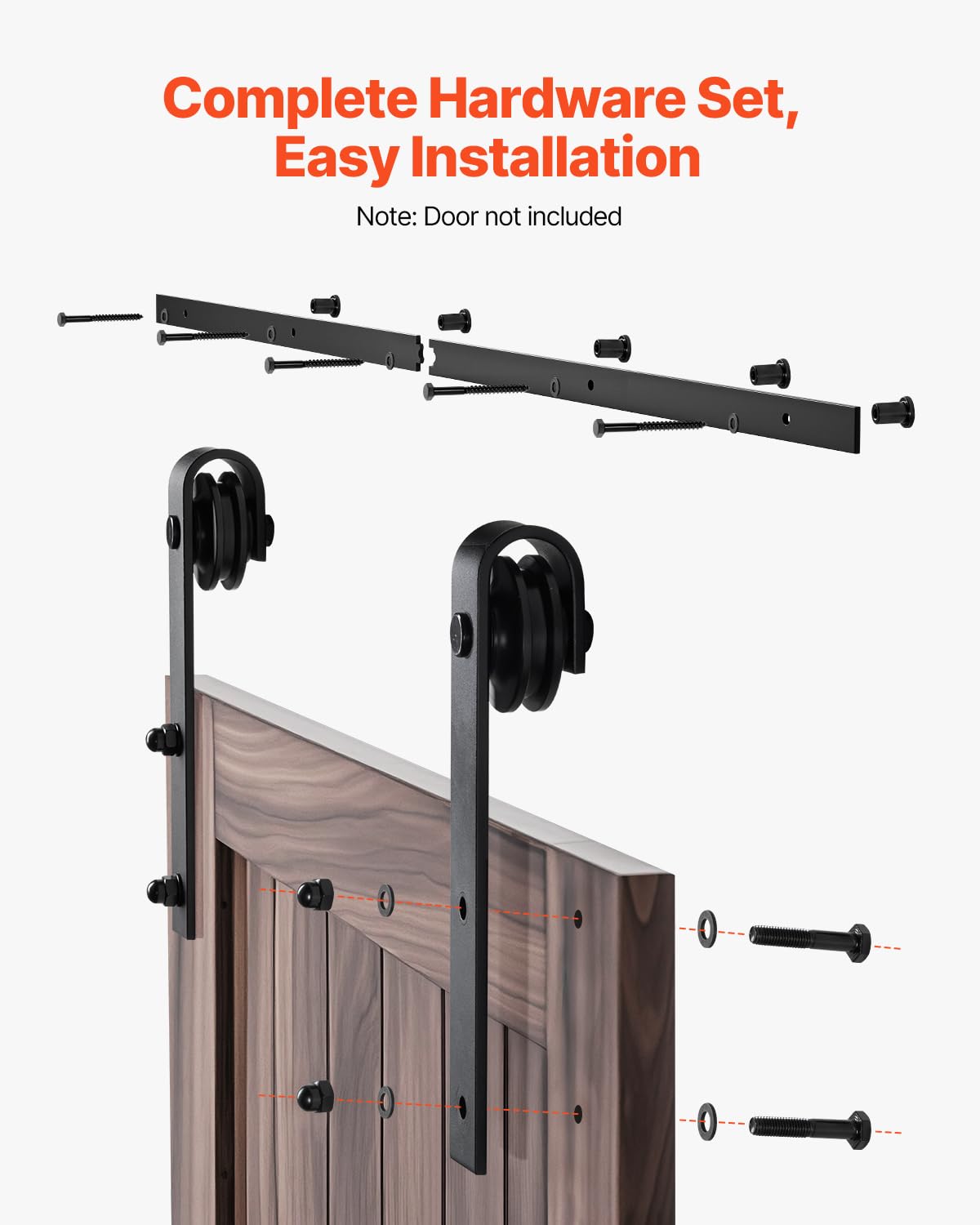 VEVOR Kit de Herrajes para Puerta Corrediza de Granero de Acero al Carbono Riel de 1,5 m para Una Sola Puerta Ancho Máximo de 76,2 cm Espesor de 34,92-44,45 mm Carga de 150 kg para Hogar, Negro