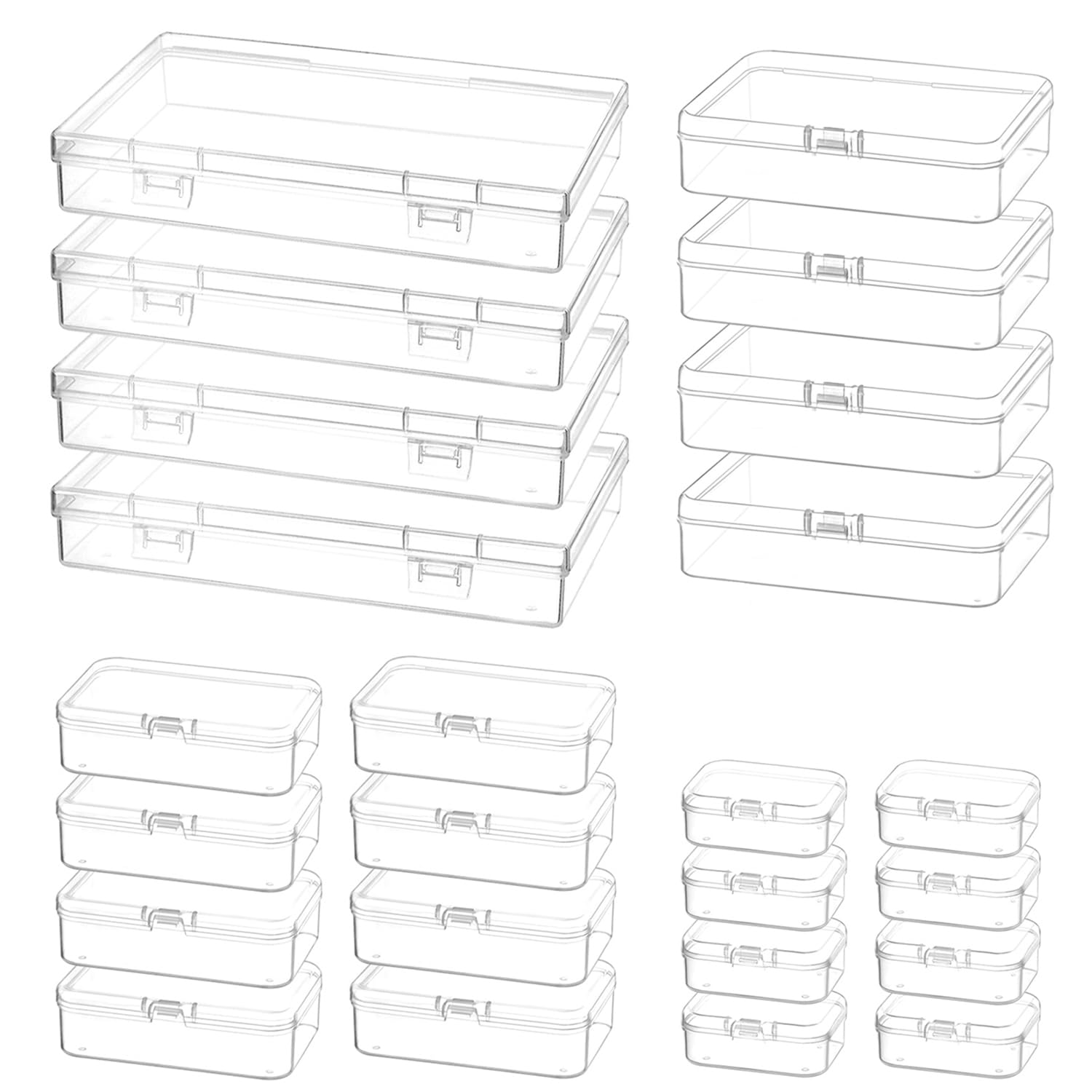 QWORK® 24 piezas cajas almacenaje pequeñas con tapas, organizador plastico rectangulares en 4 tamaños para cuentas, joyas y artículos de manualidades - desde 55 x 40 x 20 mm hasta 175 x 106 x 26 mm