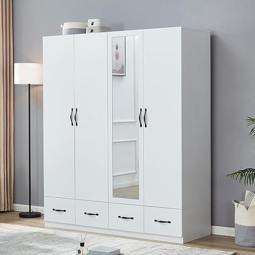 ModMakers Height 71" Mirror White Four Doors Freestanding Armoires Wardrobe Cabinet Closet with Hanging Rods Wood Wardrobe Clothes Storage Shelf Four Drawers Tall Bedroom Closet Storage