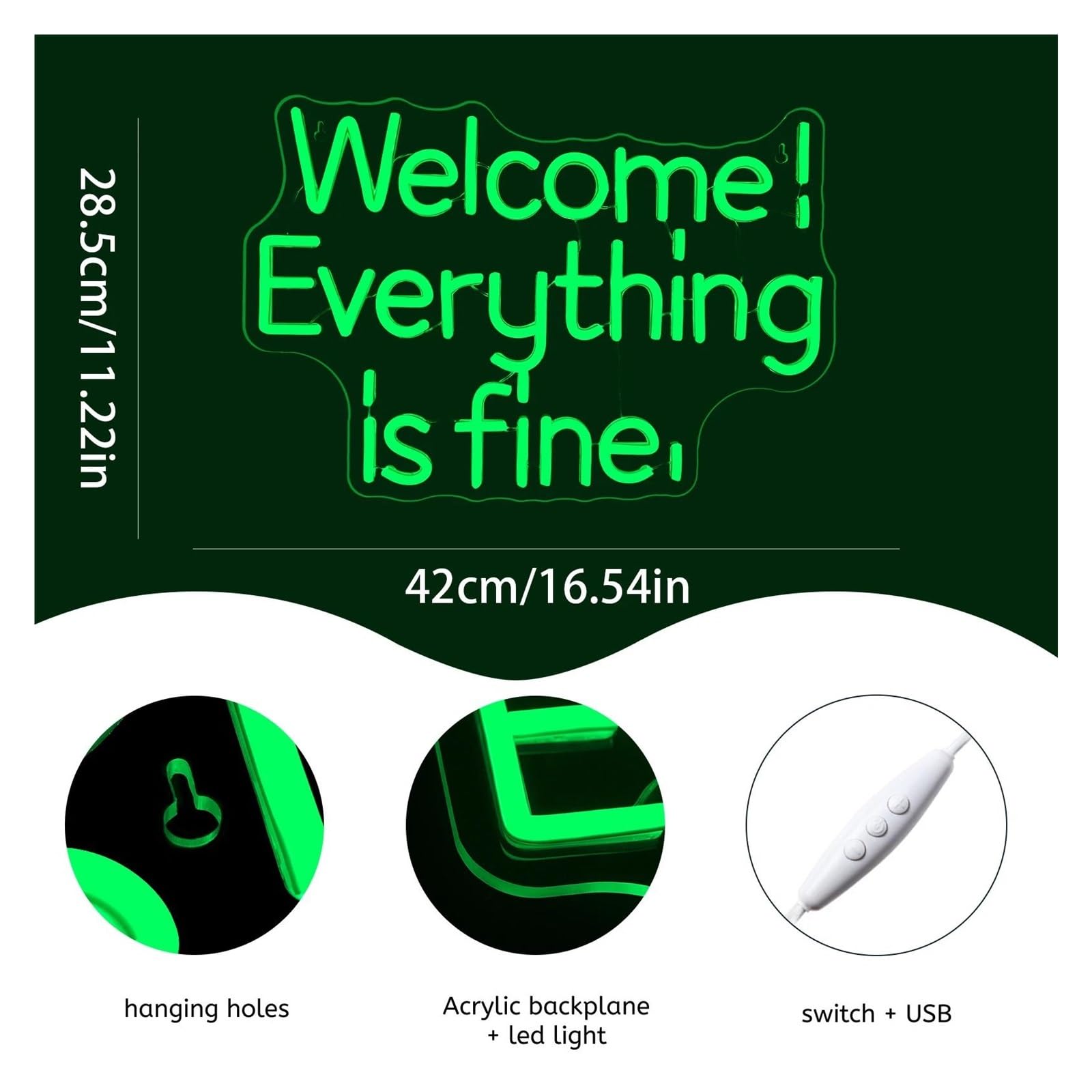 Luces de neón Letrero De Neón Welcome Everything Is Fine Regulable Con Letras Verdes Inspiradoras Para Decoración De Pared De Tiendas Pasillos Dormitorios 42cmx28.5cm