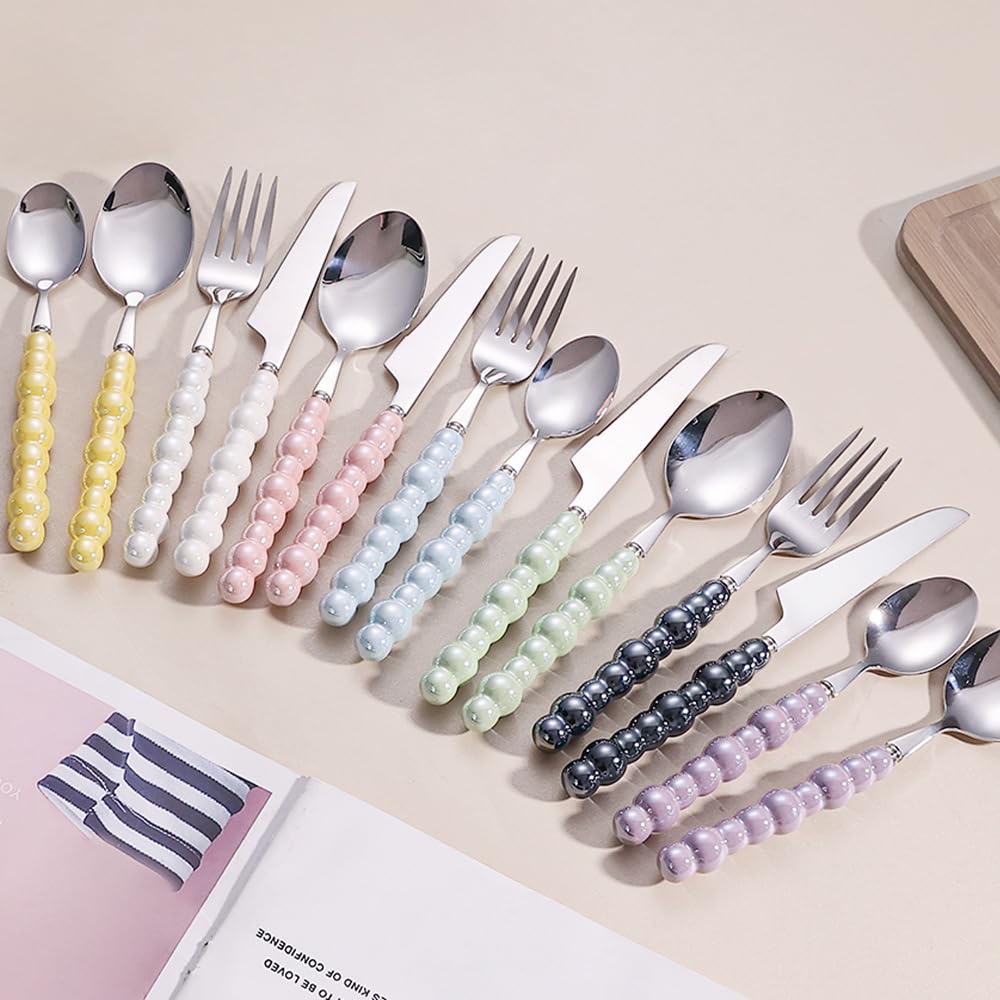 16 Pieces Creative Pearl Ceramic Handle Kitchen Stainless Steel Silverware Tableware Flatware Cutlery Set for 4 People?Creative Hotel Home Steak Knife Dessert Spoon (Pink)