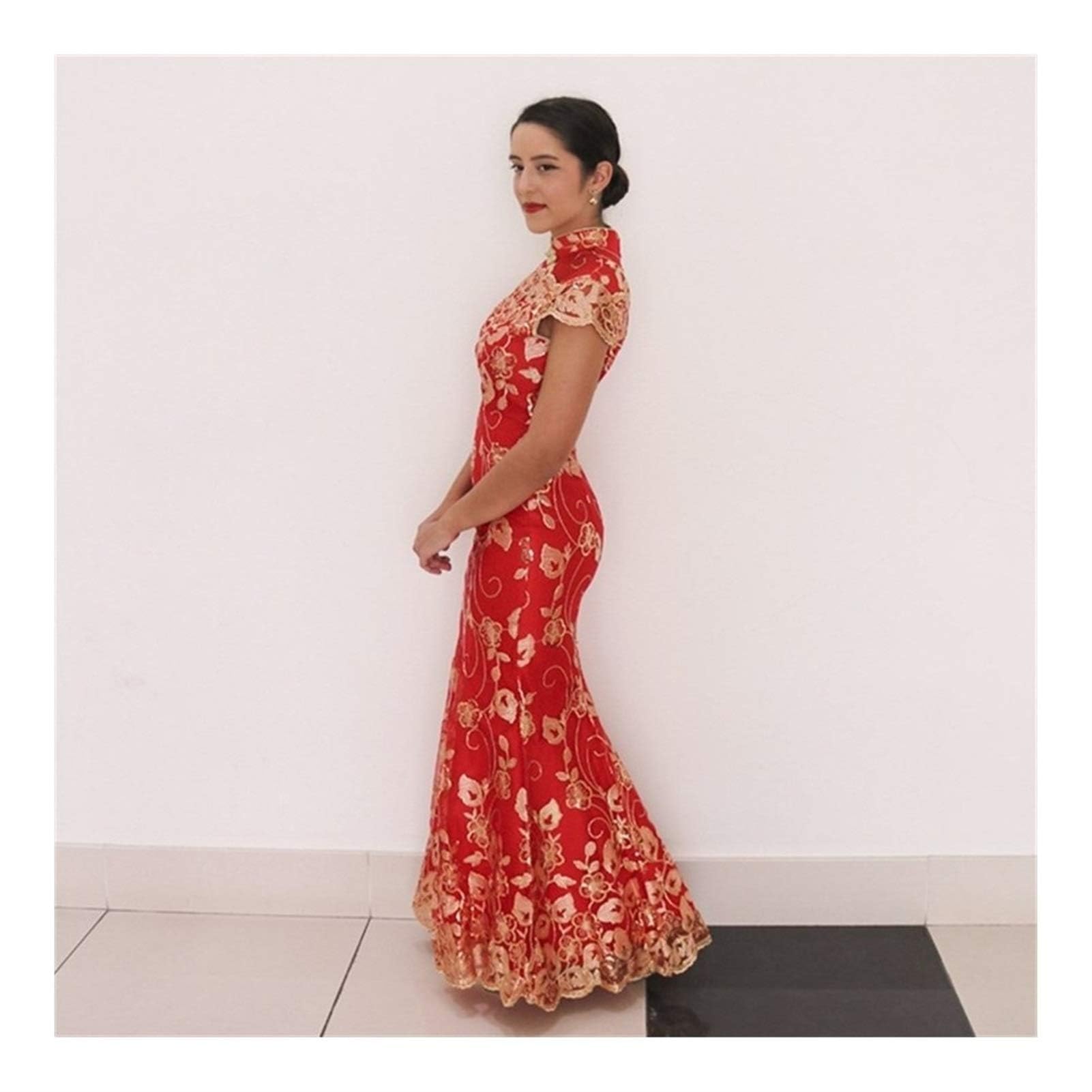 Vestido de Novia Chino Rojo para Mujer, Cheongsam Largo de Manga Corta, Dorado, Ajustado, Tradicional Chino, Qipao para Mujer, para Fiesta de Boda, cómodo
