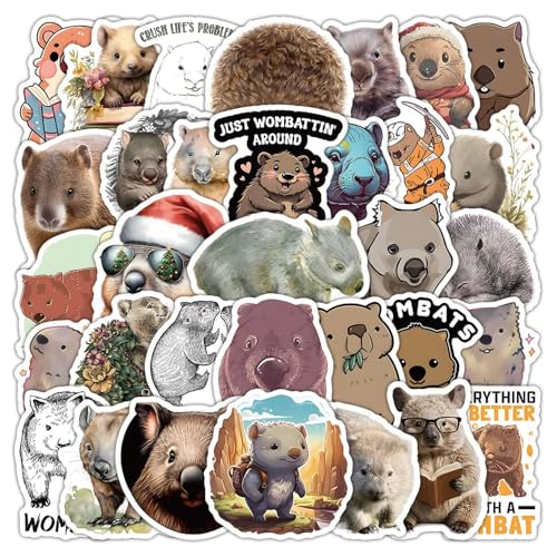 50 Stück Wombat Aufkleber Pack Beutelbären Sticker Set Wasserdichte Vinyl Sticker für Laptop Kinder Autos Motorrad Fahrrad Skateboard Gepäck Koffer Computer Aufkleber Graffiti Decal