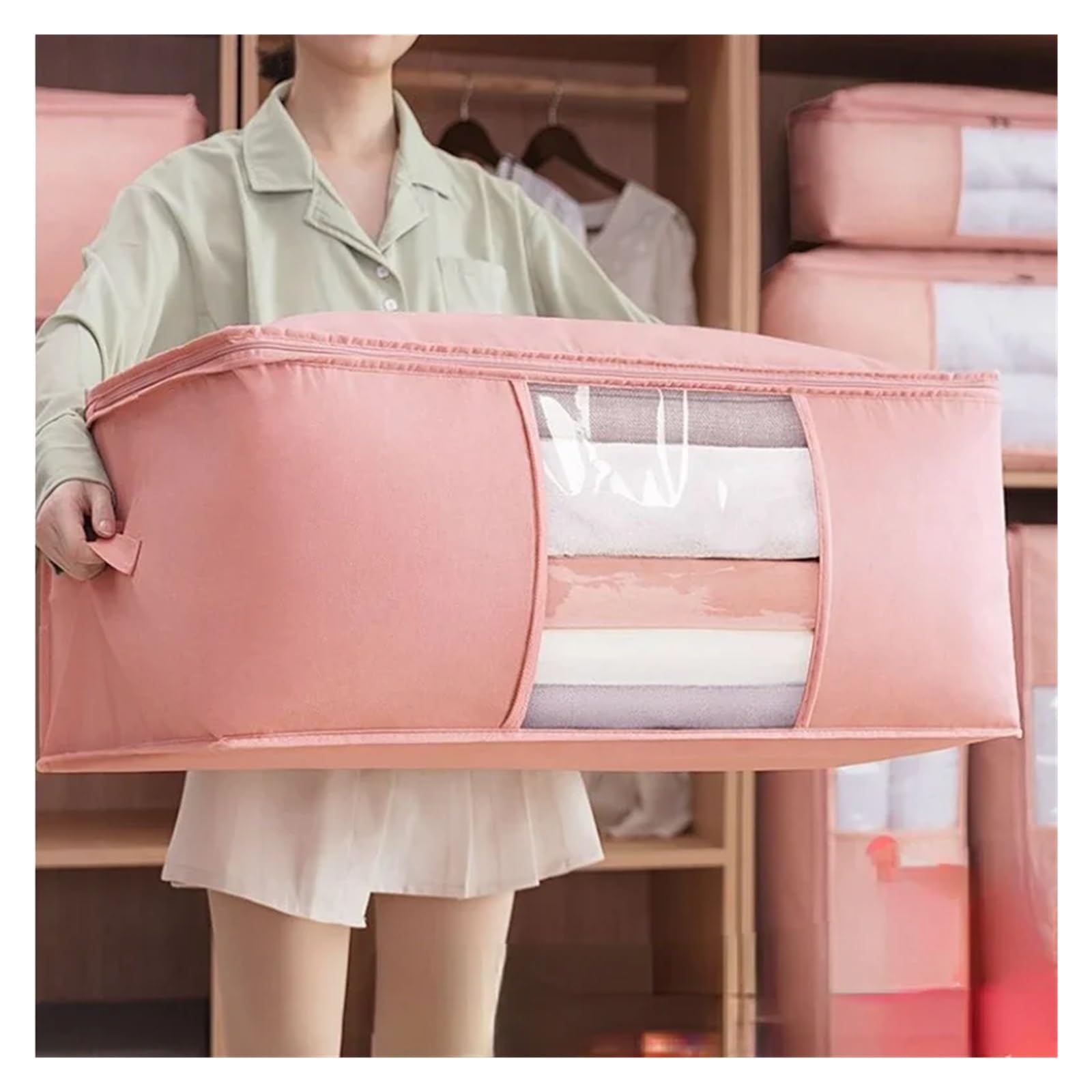 Aufbewahrungstasche 3 Stück faltbare Aufbewahrungstaschen for Kleidung, Vlies-Kleider-Organizer, Kleiderschrank-Organizer for die Aufbewahrung von Kissen, Steppdecken und Decken(Pink,3pcs S and M and