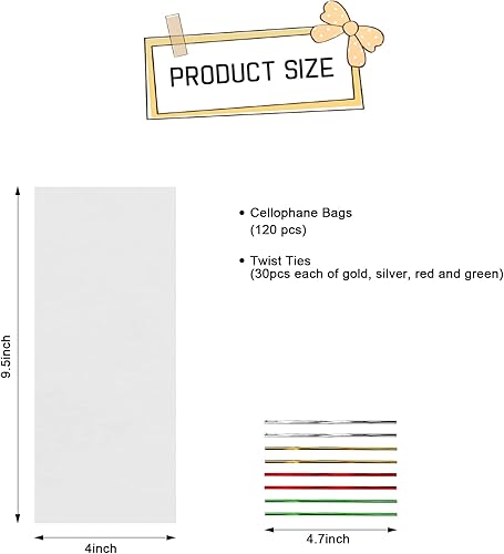 Miniatura 2 de Bolsas de celofán, 120 bolsas de celofán de plástico transparente de 4 x 9.5 pulgadas con lazos giratorios de 4.7 pulgadas, 4 colores surtidos,
