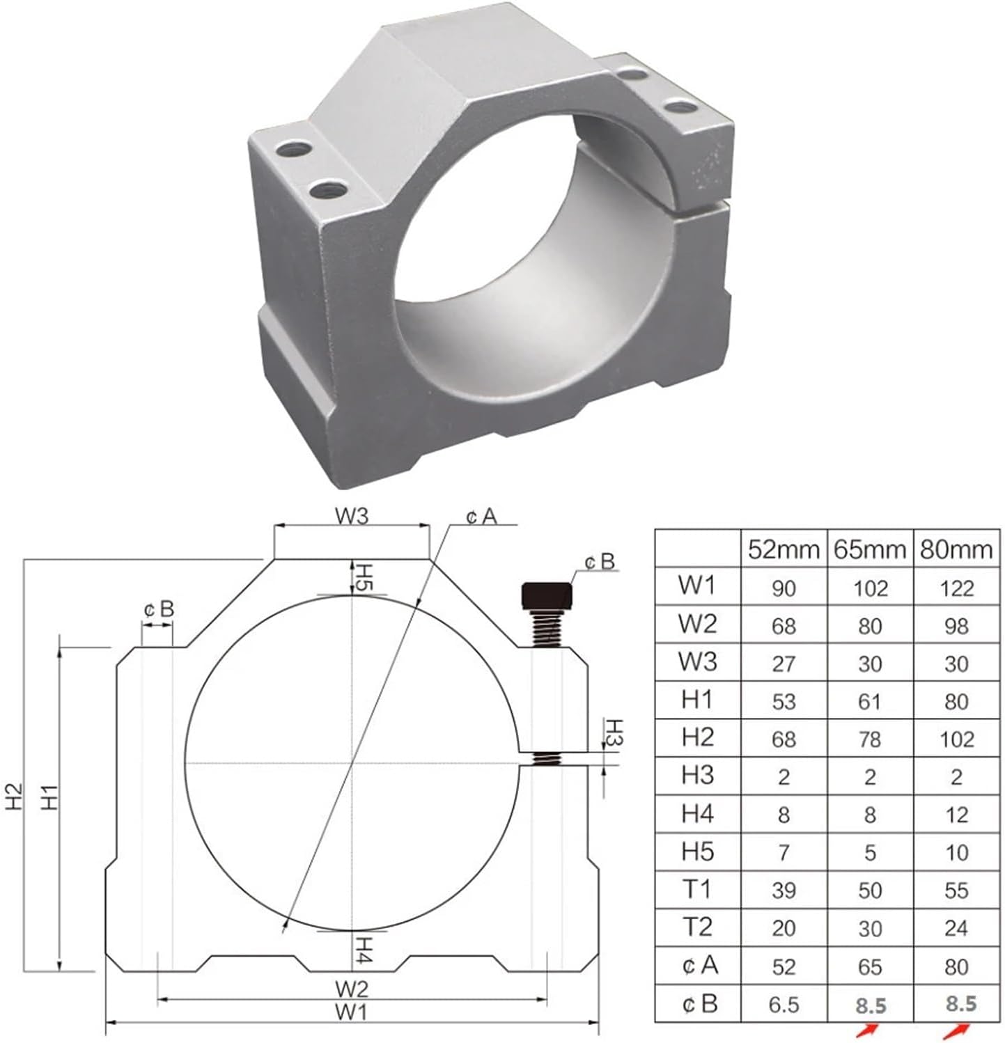 1pcs Aluminium CNC Spindle Clamp Holders Z Axis Router Mount Bracket Inner Diameter 52mm 65mm 80mm 800W 1.5KW 2.2KW Spindle Fixture(52mm)
