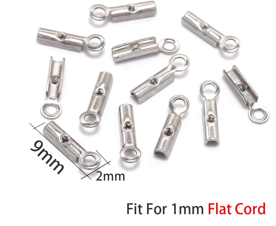 50pcs Stainless Steel Cords Crimp End Beads Caps Leather Clip Tip Fold Crimp Bead Bracelet Connectors for Jewelry Making Finding (1.0mm)