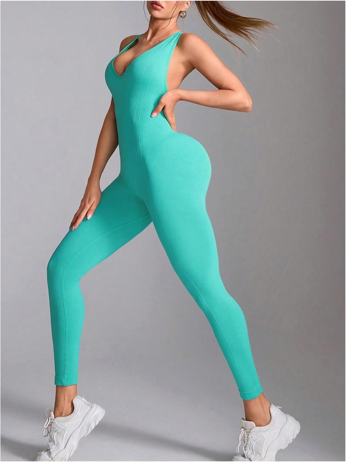 WDIRARA Women's Workout Jumpsuit V Neck Sleeveless Criss Cross Backless Yoga Jumpsuit Pants Romper - Image 3