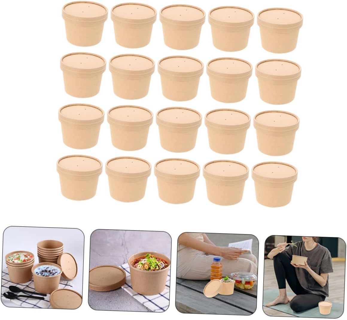 HOMSFOU 50pcs 8oz Kraft Paper Ice Cream Cups with Lids, Thickened Disposable Dessert Bowls for Soup, Yogurt, and Homemade Ice Cream Storage Containers for Takeout and Food Service
