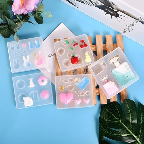 Miniatura 2 de Paquete de 5 moldes de joyería de resina, moldes de silicona para aretes de resina epoxi para hacer joyas de conejo y frutas, adorno creativo de