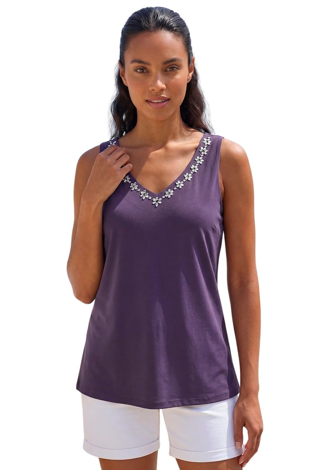 Roman Women's Purple Embellished V-Neck Stretch Vest Top In | : Size 12
