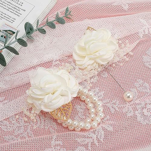 NuFlySic 2PCS Rose Wrist Flower Corsage Boutonniere Set Bridal Corsage Bracelet Bridesmaid Pearl Leaf Wrist Flower for Wedding Party Prom Homecoming Girl Hand Flower Decoration