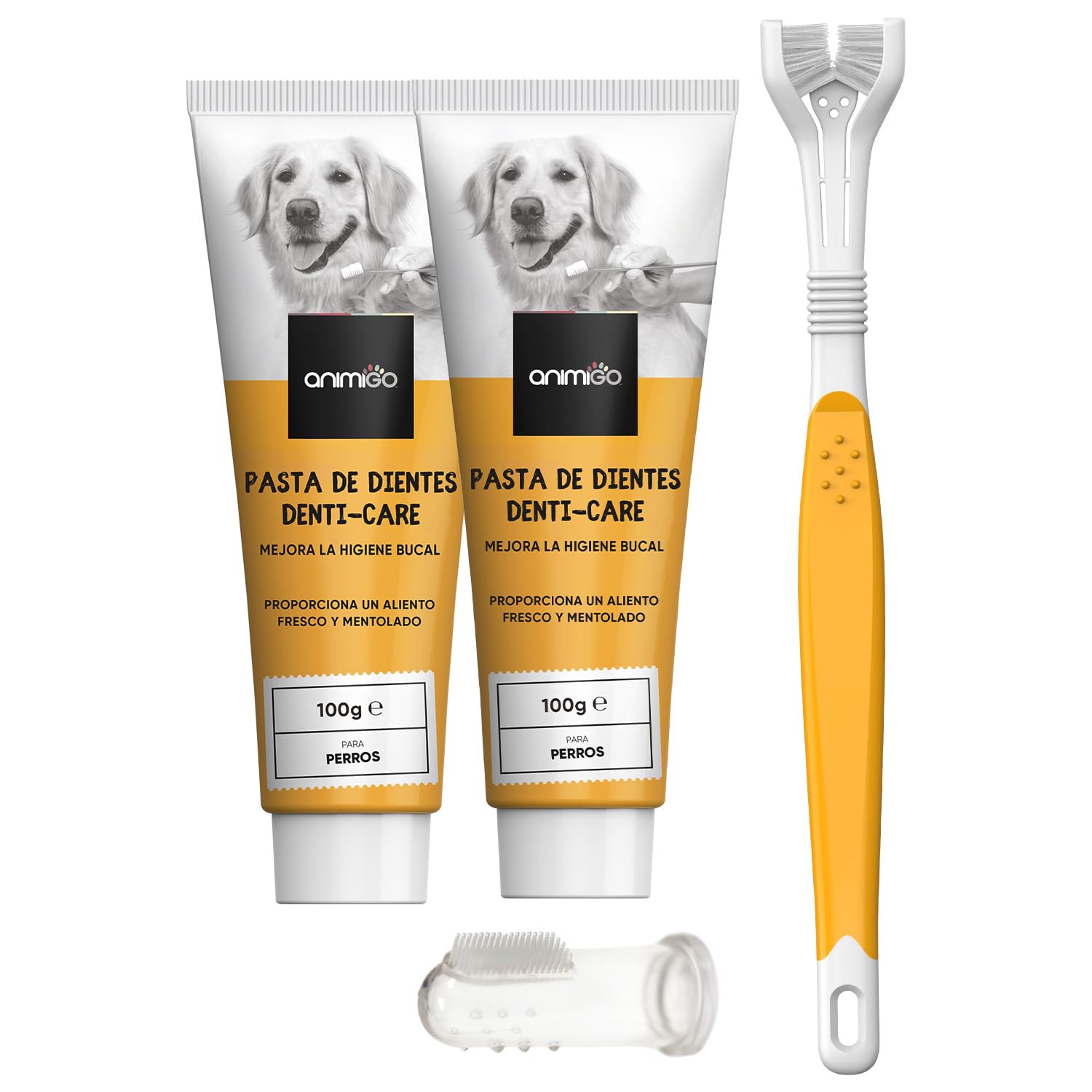 Cepillo y Pasta de Dientes para Perros - Kit de Higiene Bucal con 2 Unidades de 100mg de Dentífrico Canino, Cepillo Dental Triple Cabezal y de Dedo, para Eliminar Sarro y Mal Aliento, Sabor Menta