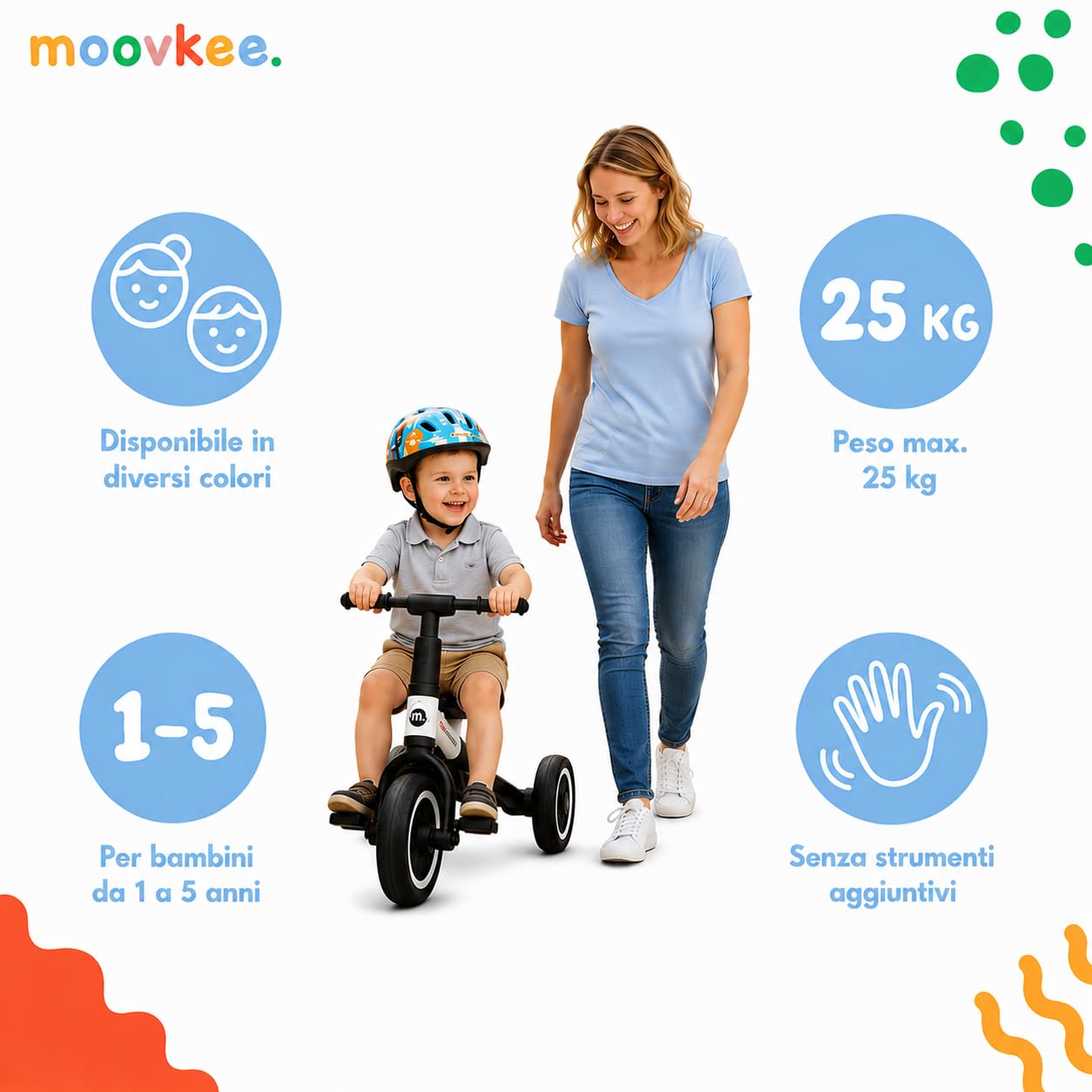 Triciclo Bambini Evolutivo 6 in 1 - Bicicletta Bambini da 1 a 5 Anni - Triciclo per Bambini fino 25 kg con Cintura, Sella Regolabile, con o Senza Pedali - Triciclo con Maniglione
