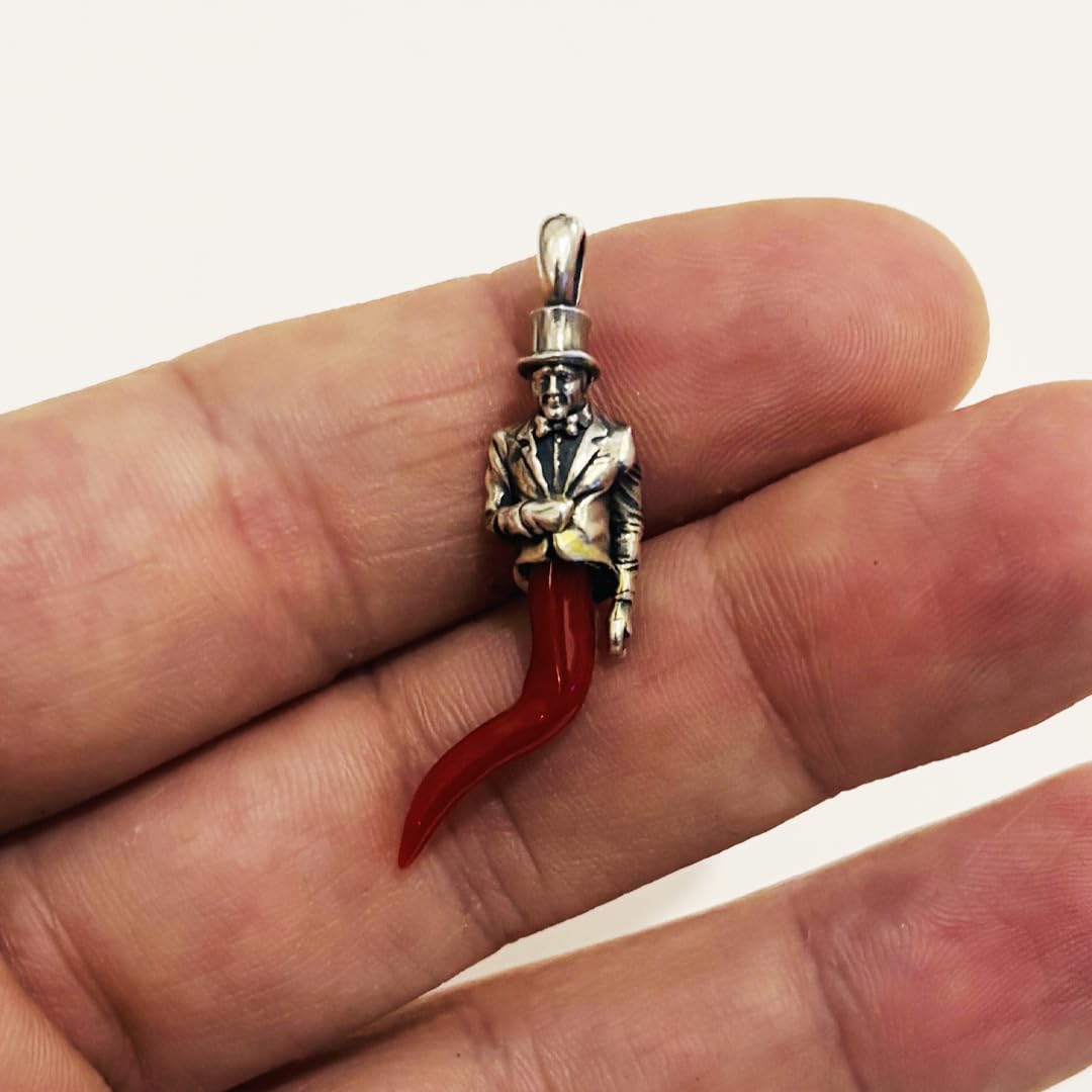 Ciondolo gobbetto gobbo in argento 925 con corno cornetto in corallo rosso del Mediterraneo amuleto portafortuna unisex gioiello da uomo donna ragazza ragazzo pendente argento