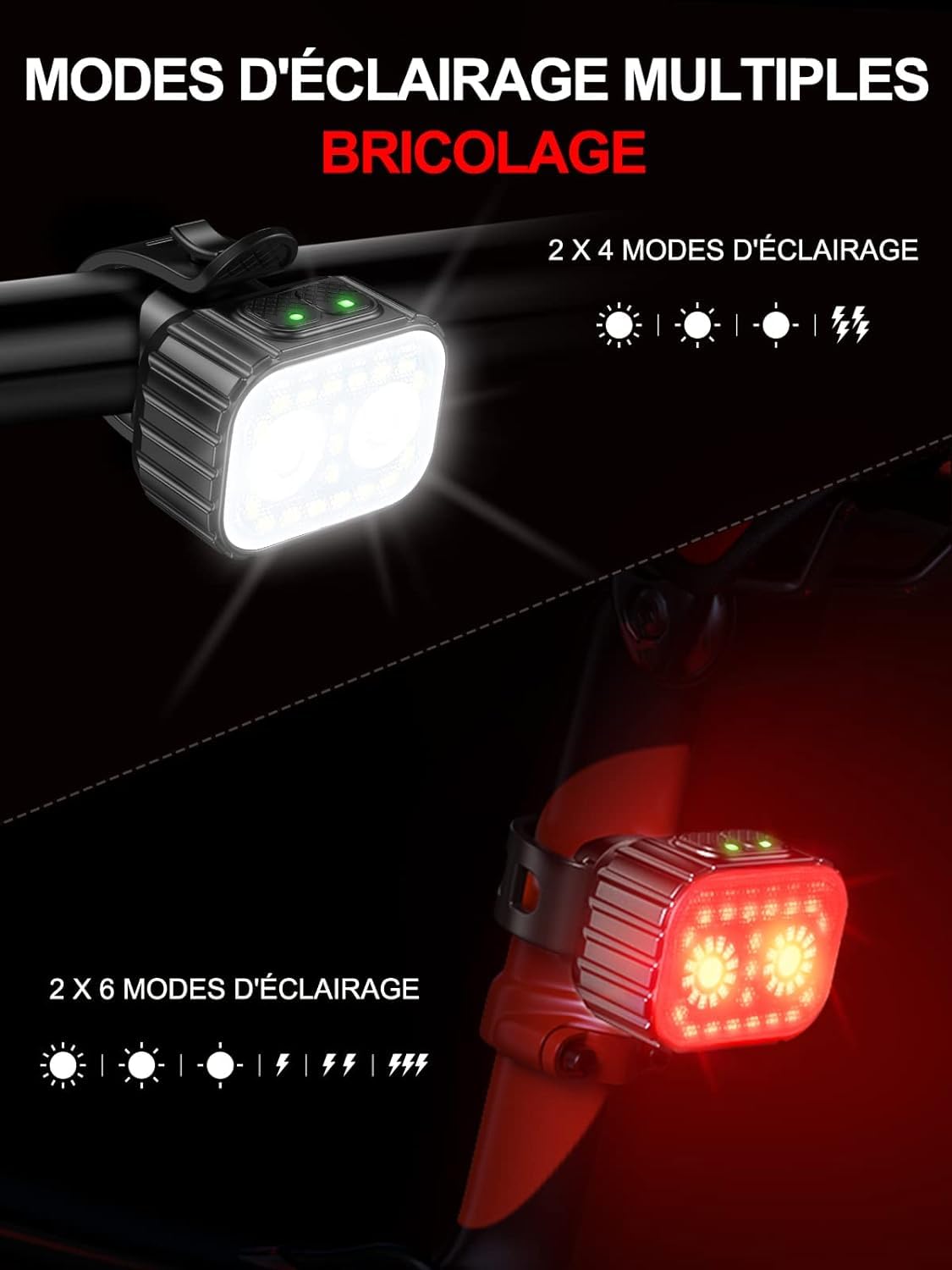 Lampa rowerowa z przodu i z tyłu, 8 + 12 trybów oświetlenia, wodoodporna lampa rowerowa IPX6, USB z możliwością ładowania, oświetlenie rowerowe do rowerów górskich, rowerów górskich, rowerów, długa
