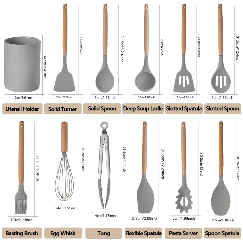 Küchenhelfer-Set – 12-teiliges Silikon-Kochutensilien mit Holzgriffen, hitzebeständig und antihaftbeschichtet, inklusive Zange, Spatel, Löffel, Aufbewahrungseimer, spülmaschinenfest