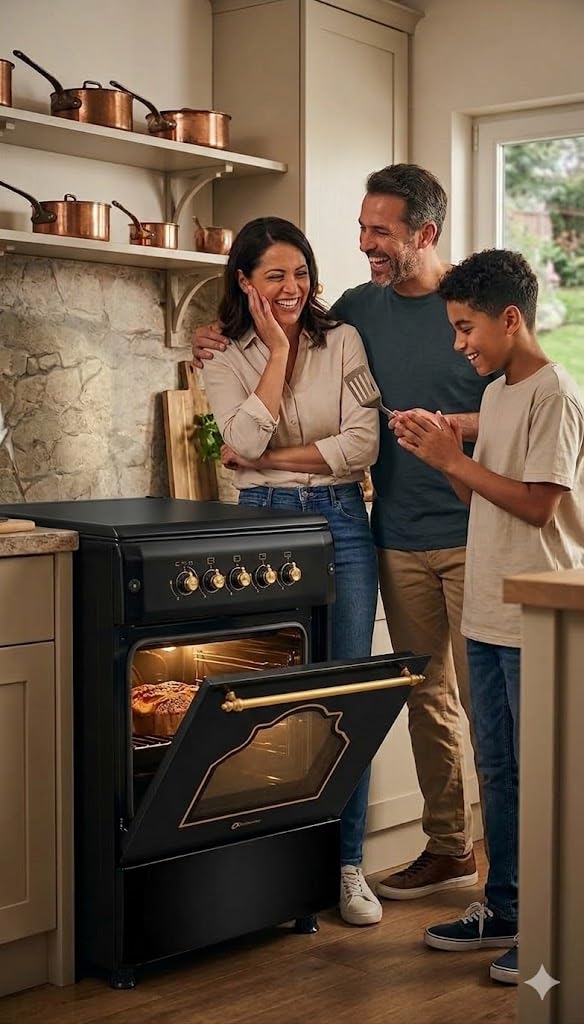 SOLTHERMIC PACK NEGRO RUSTICO ACABADOS DORADOS COCINA F6S40G2 GAS CON HORNO 4 FUEGOS + CAMPANA DECORATIVA 60 CM H60PR + FRIGO 2P RETRO a F2PR147N DE 1,47 cm alto x 55 ancho y 220L