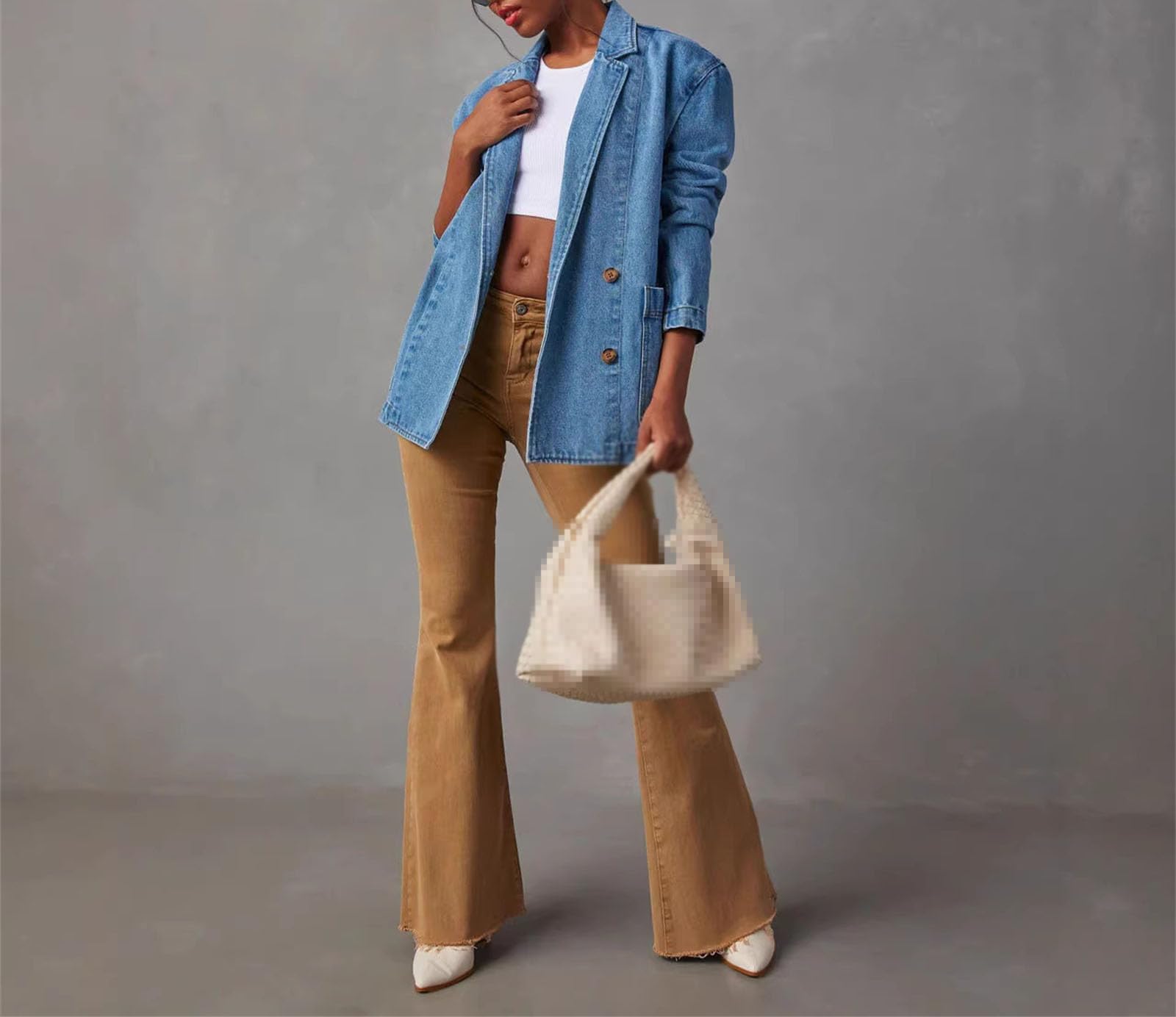 Veste Blazer en Jean Oversize pour Femme, Manches Longues, Coupe décontractée, col à Revers, Ouverte sur Le Devant, idéale pour Le Bureau ou Les Affaires, avec Poches.