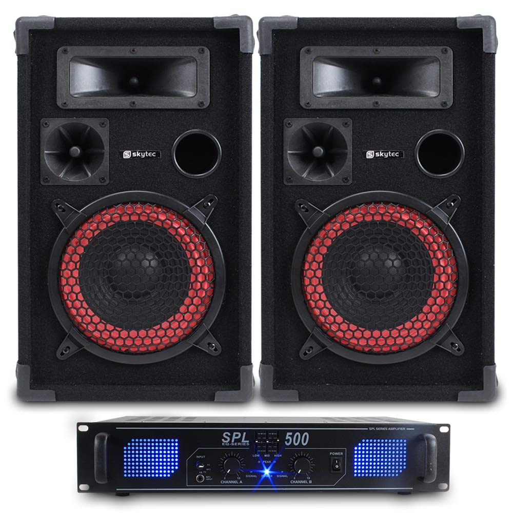 Max 8" Passive DJ PA Speakers Pair & Skytec SPL500 500W Amplifier Audio System with Speaker Cable Set – Home Disco Party Kit