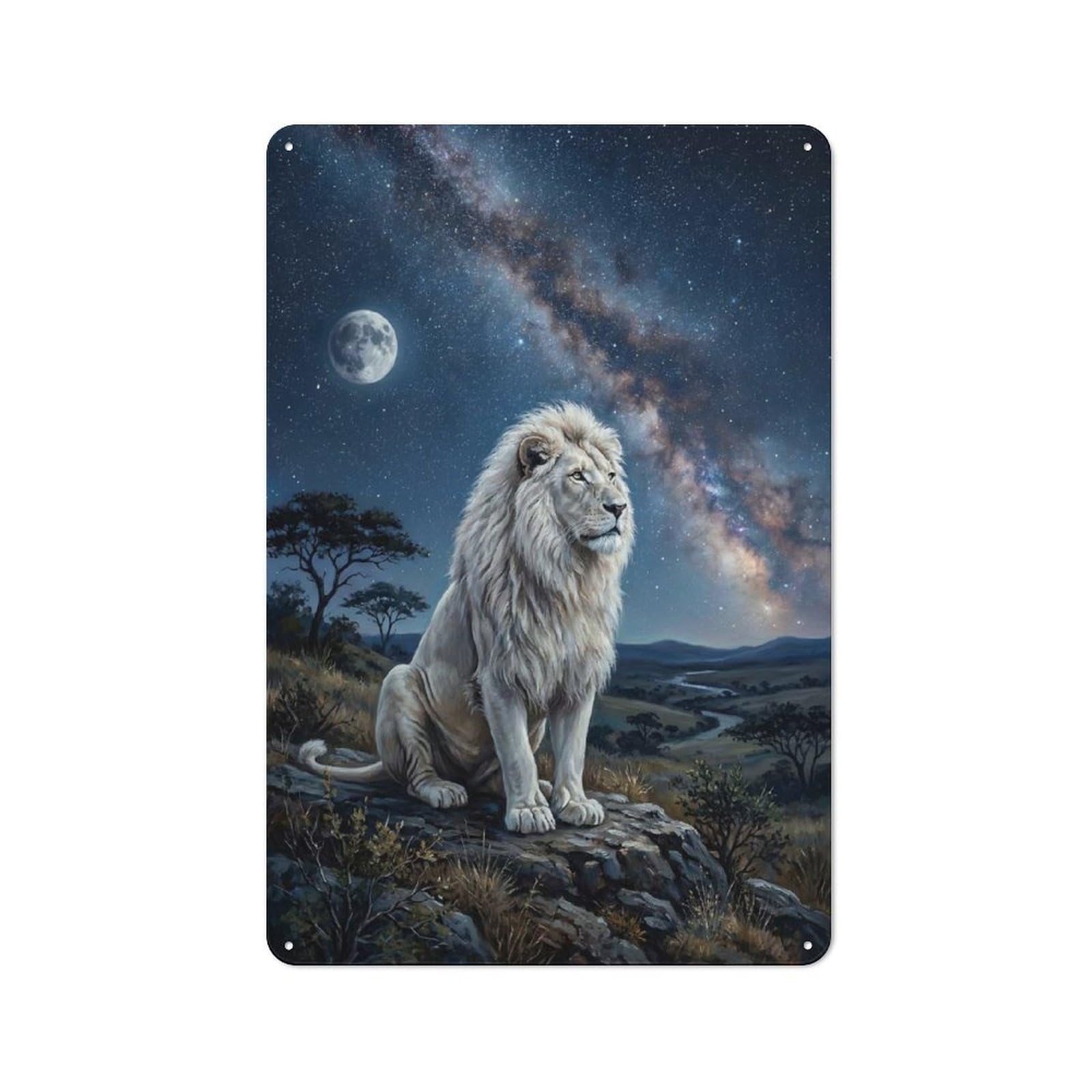 Junmoney Style-10 Majestic White Lion Under The Milky Way Rustic Metal Sign 30X20cm, Barn Style Farmhouse Wall Decor For Kitchen, Cottage, Porch Or Garden Room