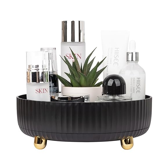 Makeup Perfume Organizer Tray 360 Degree Rotating Lazy Susan Skincare Lotion Organizer Spinning Cosmetics Storage for Dresser, Vanity, Bathroom Countertop, Small Black