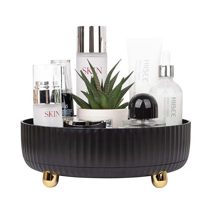 Makeup Perfume Organizer Tray 360 Degree Rotating Lazy Susan Skincare Lotion Organizer Spinning Cosmetics Storage for Dresser, Vanity, Bathroom Countertop, Small Black