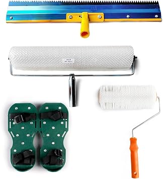 Self Levelling Tool Kit for Cement Floor Epoxy Floor,Concrete Tool Kit with Roller Spike Shoes Stainless Steel Scraper & Extension Pole,Mutifuctional Floor Paint Tool for IndustSize28mm,ColorSet 1