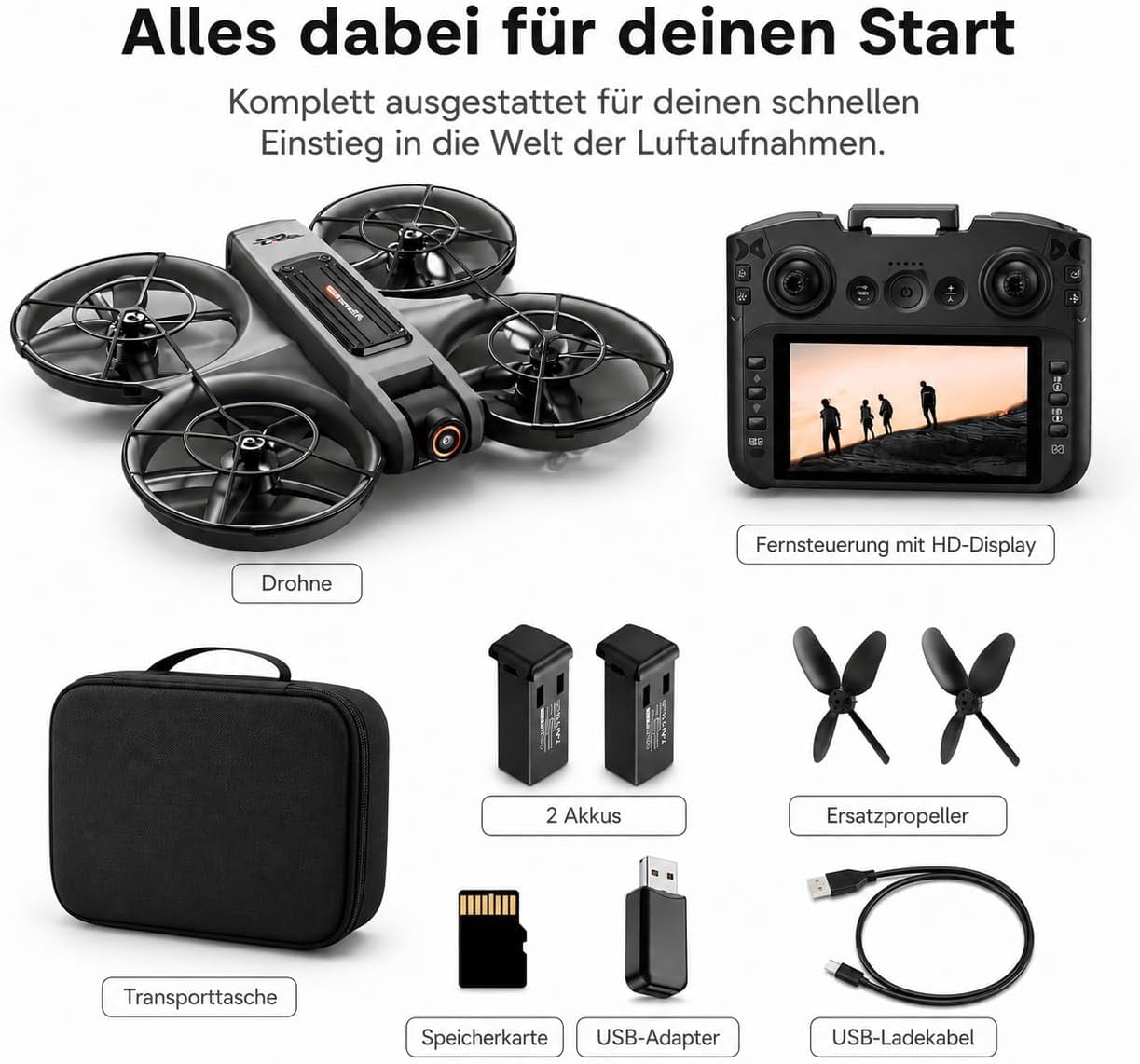 RC Drohne mit HD Dual Kamera, Display Fernbedienung, Brushless Motor, 90° Kamera, FPV Livebild, Optical Flow, 360° Flip, LED, für Anfänger und Kinder (Schwarz, Akkus: 2 St.)