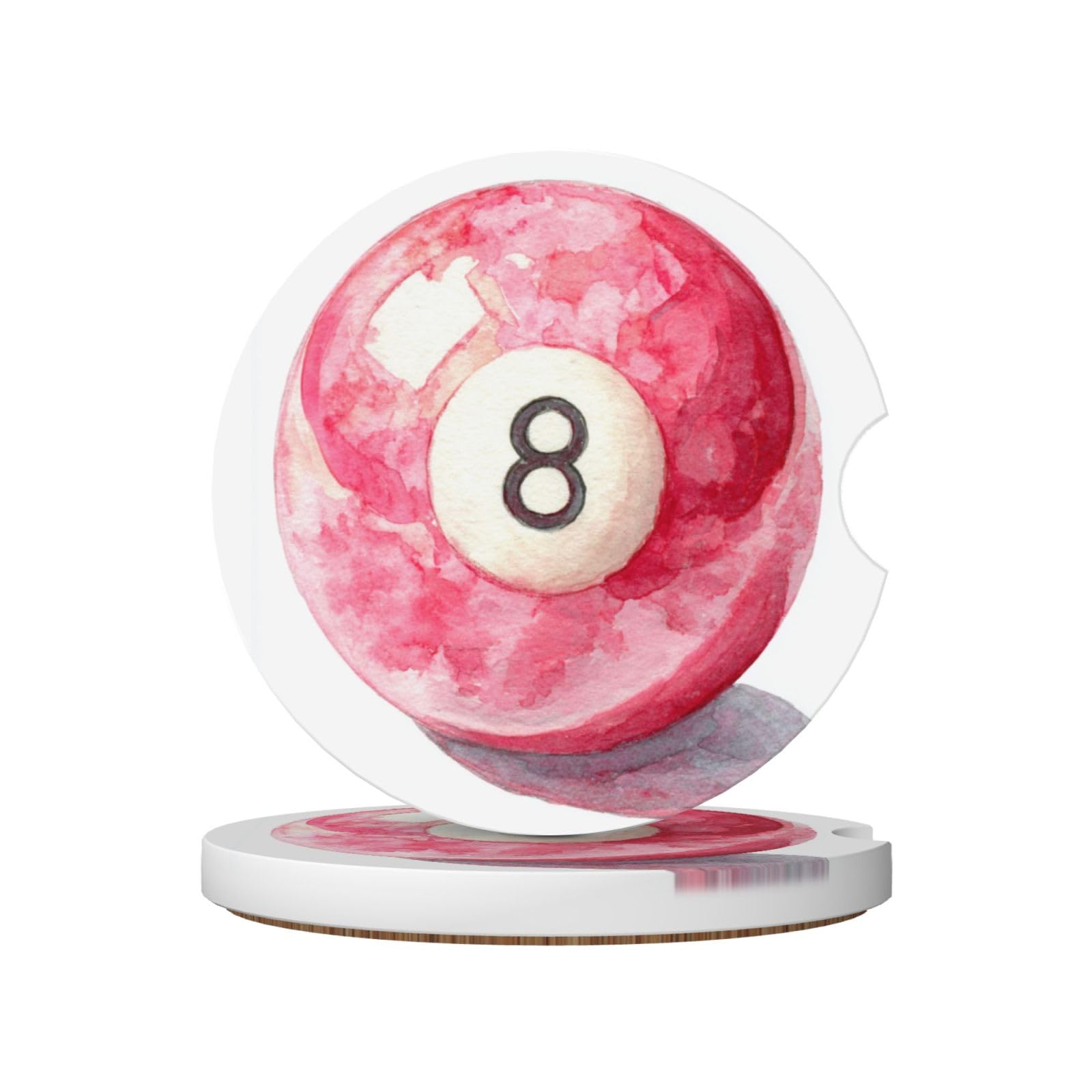Pink Billiard Ball Number 8 Watercolor Ceramic Coasters,2pcs
