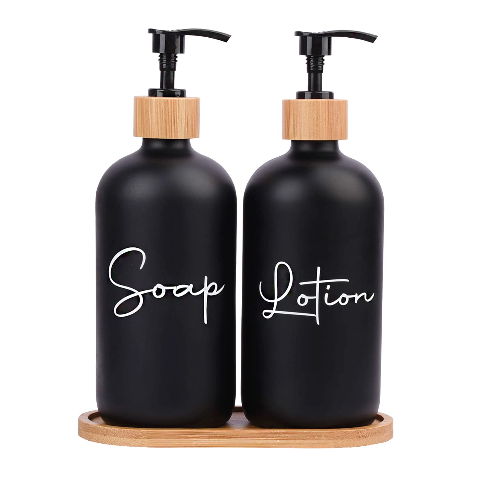 UUJOLY 17 oz Hand Soap Dispenser Empty Glass Lotion Pump Bottles, Refillable Liquid Dish Soap Bottles for Bathroom Decor, Kitchen Sink, Matte Design and Wood Tray, Pack of 2, Black