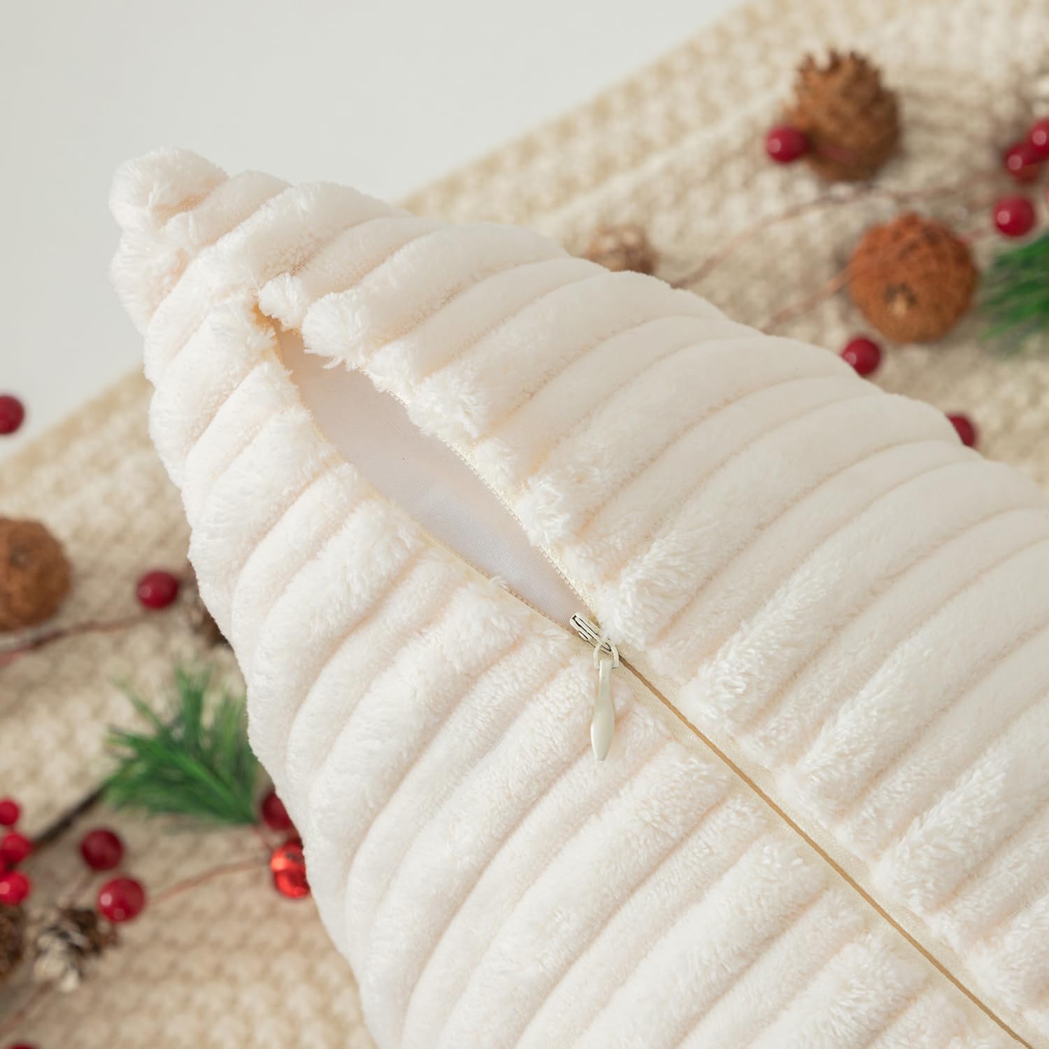 Kevin Textile Christmas Striped Corduroy Plush Texture Velvet Euro Throw Pillow Sham Cushion Cover for Chair, 24 x 24 inch (60cm), Set of 2, Creamy White - Image 2