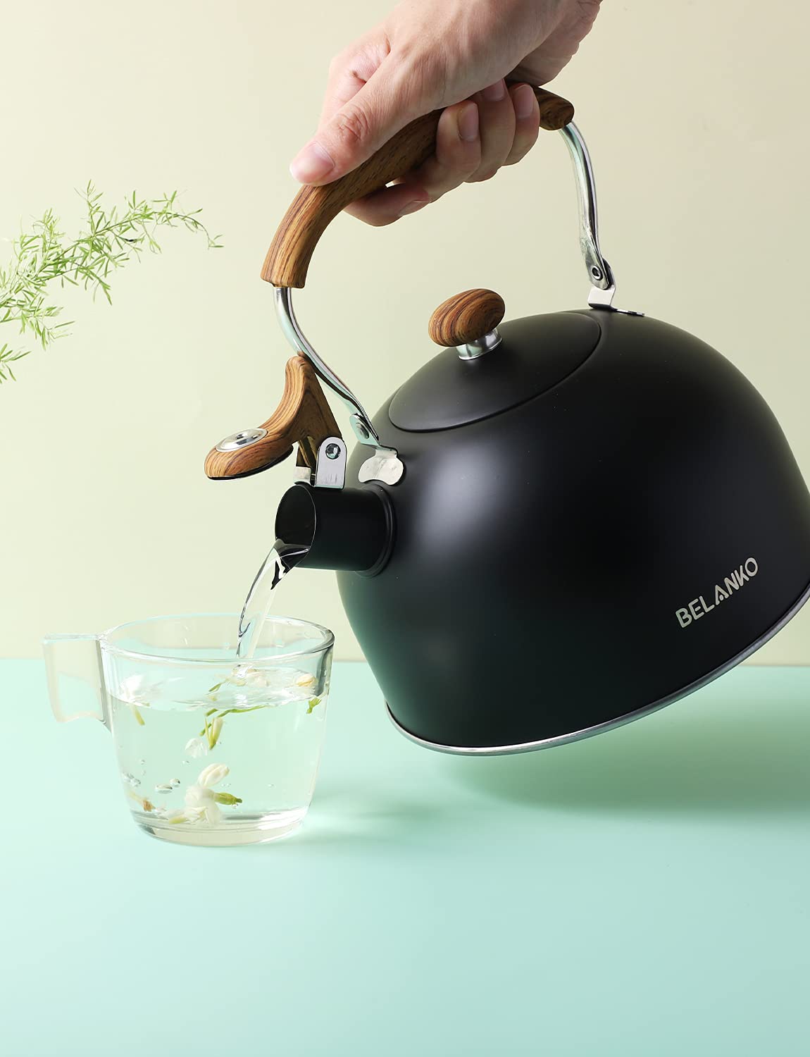 Tea Kettle, BELANKO 85 OZ / 2.5 Liter Whistling Tea Kettle, Tea Pots for Stove Top Food Grade Stainless Steel with Wood Pattern Folding Handle, Loud Whistle Kettle for Tea, Coffee, Milk - Black, view 8