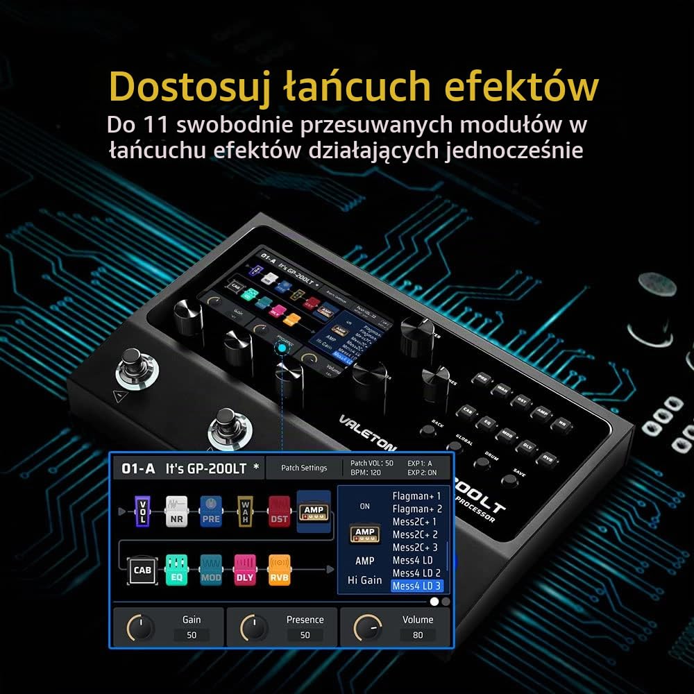 Valeton Gitara basowa efektów z wieloma efektami, procesor, gitara, bas, modelowanie, IR, z FX Loop MIDI I/O Expression Stereo OTG USB Audio Interface GP-200LT
