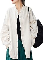 Aeneontrue Women's Linen Oversized Blouse Vintage Long Sleeve Chinese Frog Button Shirt Loose Fit Jacket