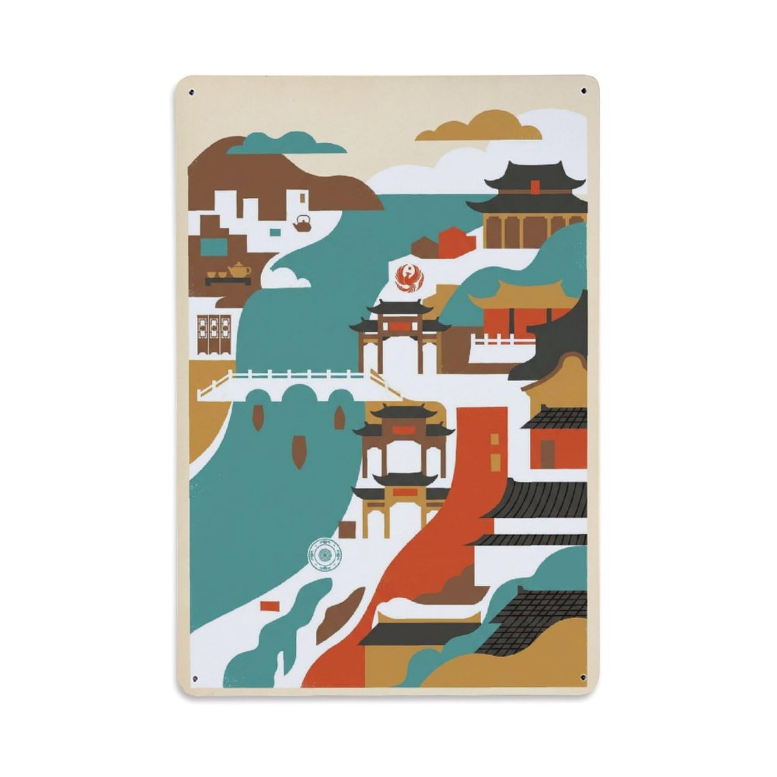 Okngb Style Chaozhou Chinese Travel Aesthetic Landmark Cityscape Metal Tin Sign Plaque Wall Decor For Cafe, Man Cave, Club Bar, Office, Home Garden Round Metal Poster 8X12inch