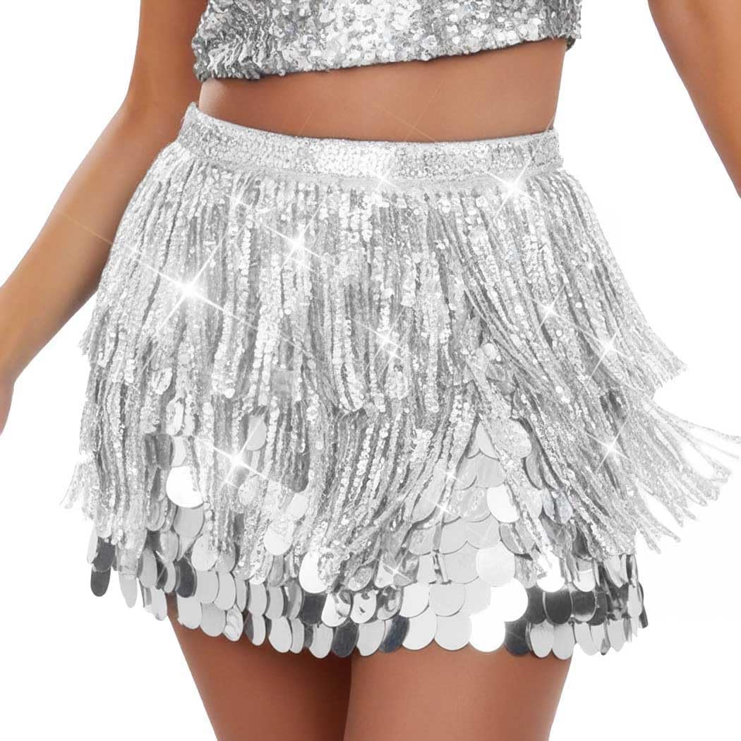 Unicra Gold Sequin Skirt Sparkly Fringe Skirt Glitter Belly Dance Hip Scarf for Women One Size Short Silver