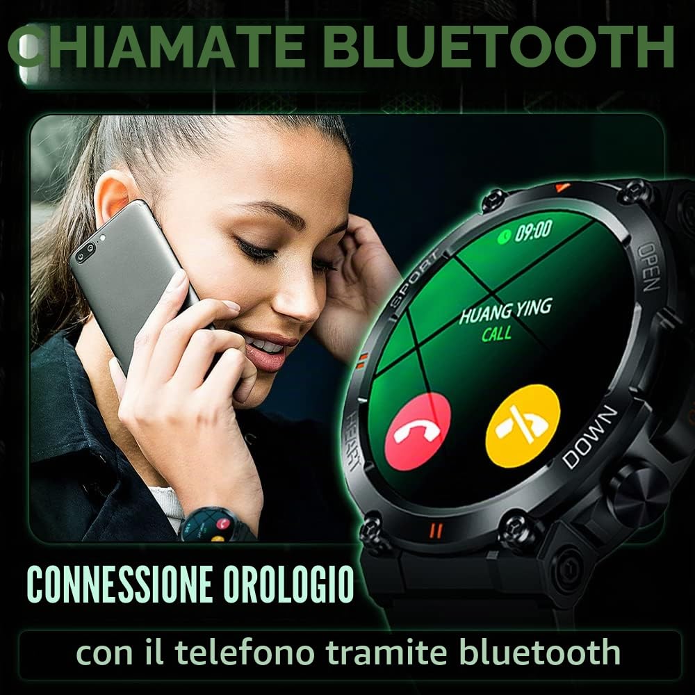 Smartwatch Uomo Orologio Fitness Militari Smart Watch Tracker di attività con Le chiamate Bluetooth,120+ modalità Sport Salute Fitness Tracker, Cronometro per Android iOS（Nero）