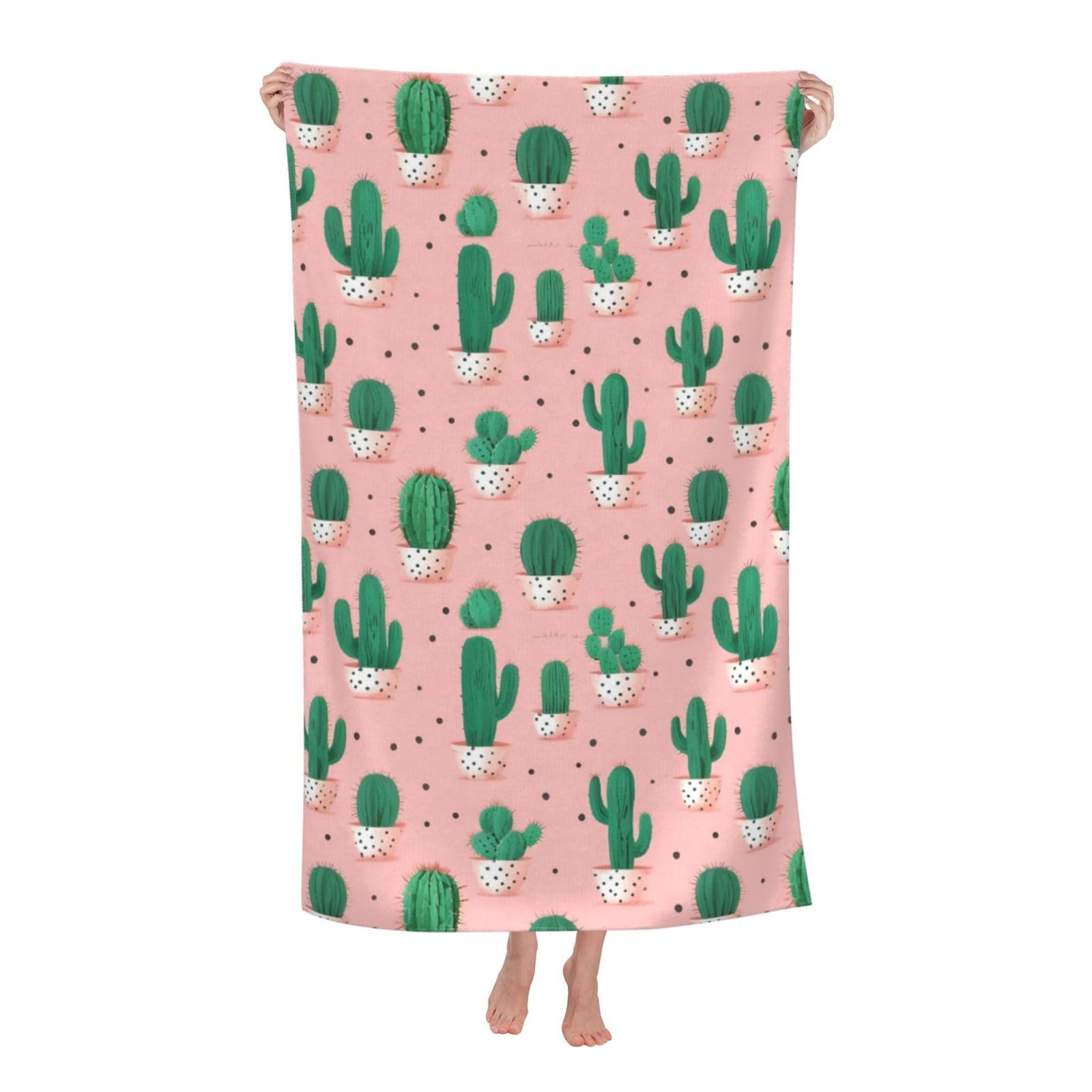 Pojknbv White Cactus Print Oversized Adult Beach Towel Quick-Dry Comfortable Lightweight Travel Pool Camping