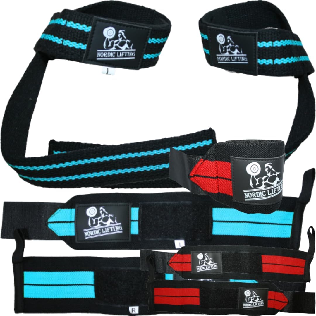 Wrist Wraps & Lifting Straps - Aqua Blue Bundle with Wrist Wraps 1p - Red