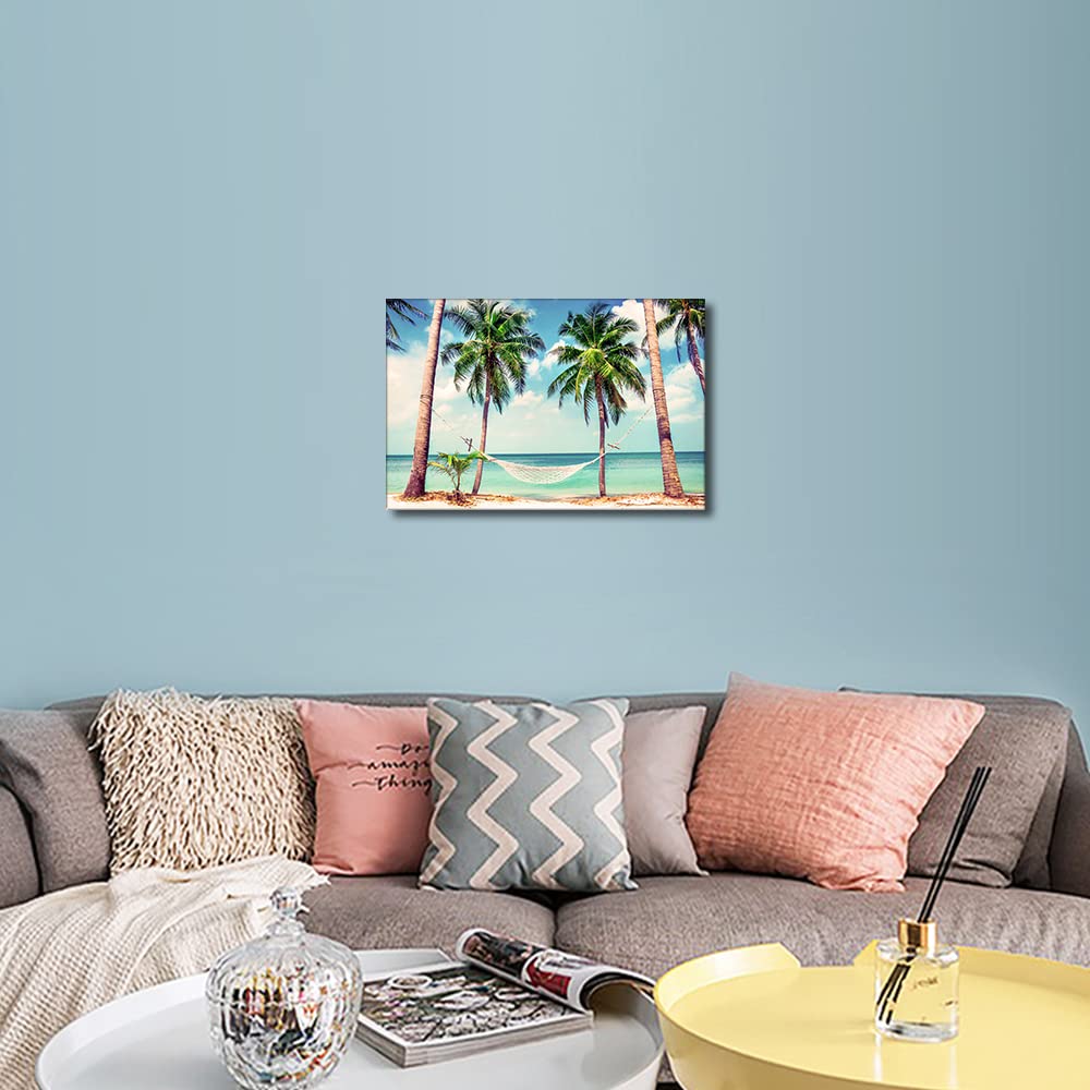 Beach Coconut Tree Hammock Canvas Wall Art Seascape Painting Seaside Artwork Picture Print for Living Room Bedroom Home Office Wall Decor Modern Landscape Ready to Hang (18X12in) - Image 4