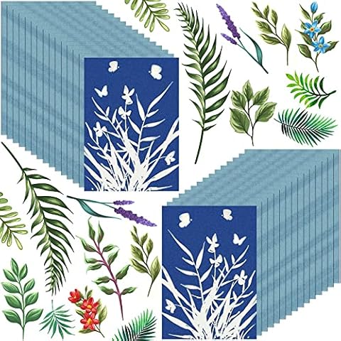 HFATMOS Cyanotype Paper, 30 Pcs Sun Print Paper Kit, High Sensitivity Sun Print Nature Printing Paper Solar Drawing Paper for DIY Arts Crafts Projects(A5 5.8 x 8.3 Inch), White Cover