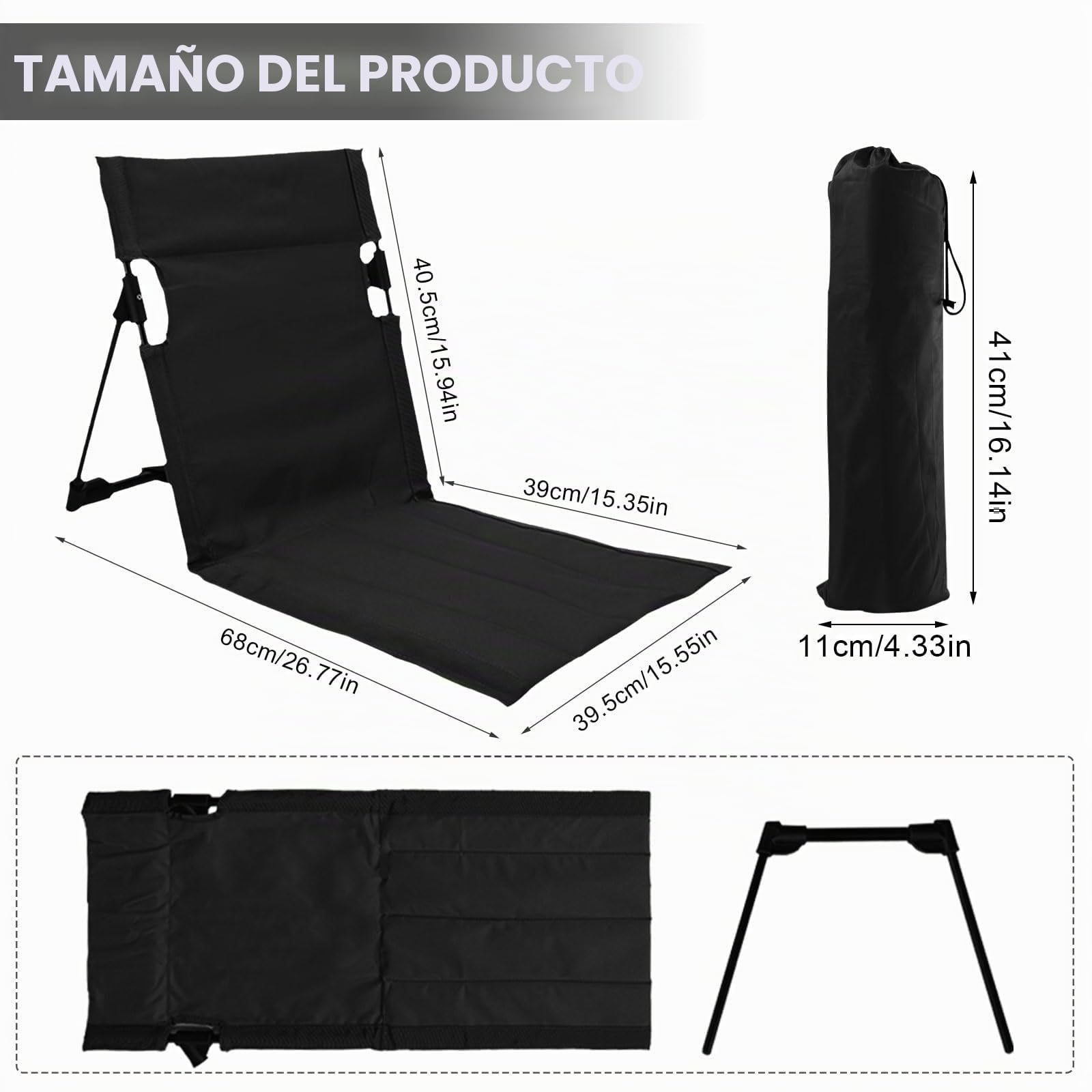 Silla de Suelo Plegable con Respaldo,Ligero y Plegable Tumbona Playa,Ajustable Esterilla De Playa Plegable para Camping, Actividades al Aire Libre, Playa y Viajes (Negro)