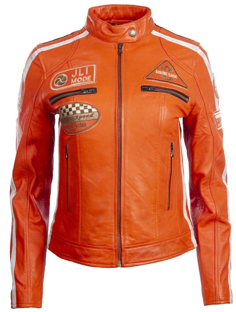 Aviatrix Women's Orange Real Leather Racing Biker Jacket (Qooc) - Cm