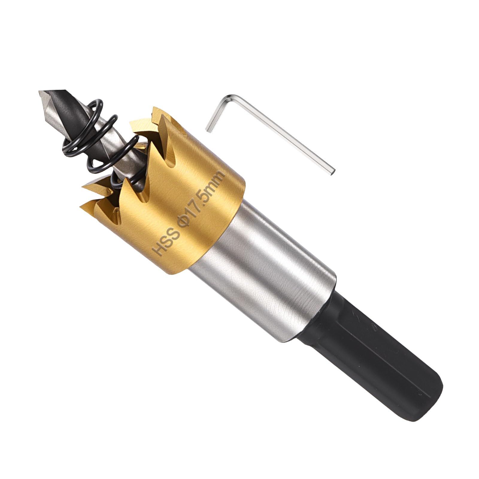 METALLIXITY Hole Saw 17.5mm (11/16"), 4341 High Speed Steel Hole Cutter with Center Drill Bit, Hex Key and Spring - for Thin Metal, Wood, Plastic, PVC Boards. Gold
