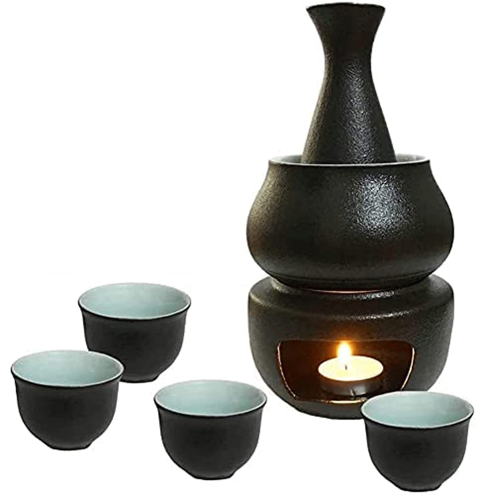 WINIAER Ceramic Sake Set, Ceramic Sake Set Cup with Thermos + Sake Drink Storage Gift Box, 8 Pieces Including 1 Stove/1 Insulation Bowl/ 1 Sake Bottle/4 Cups