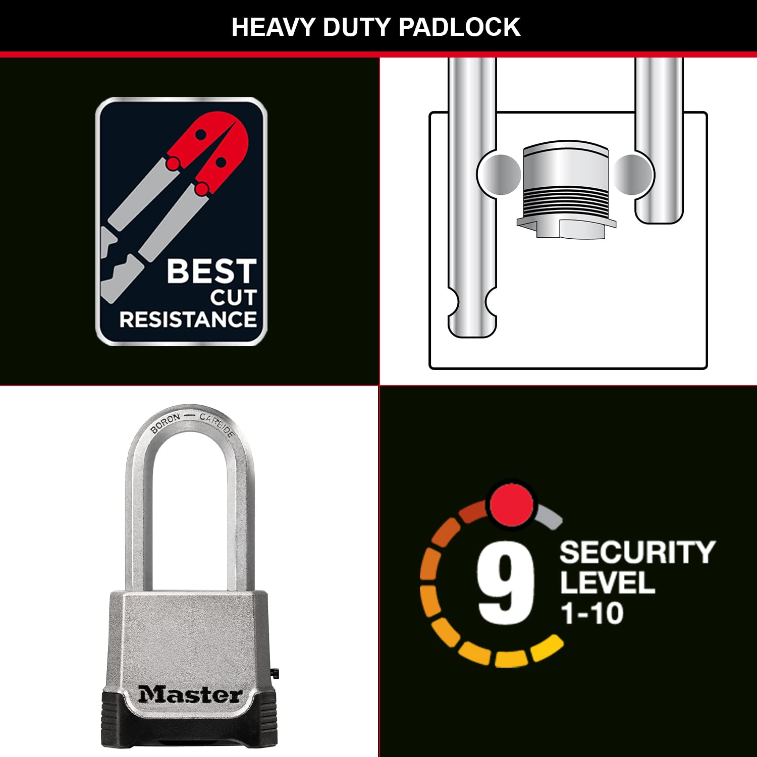 MASTER LOCK Kłódka do dużych obciążeń, poziom bezpieczeństwa 9/10, na zewnątrz, z kluczem lub kombinacją, cynk, odporna na warunki atmosferyczne, szekla XLong
